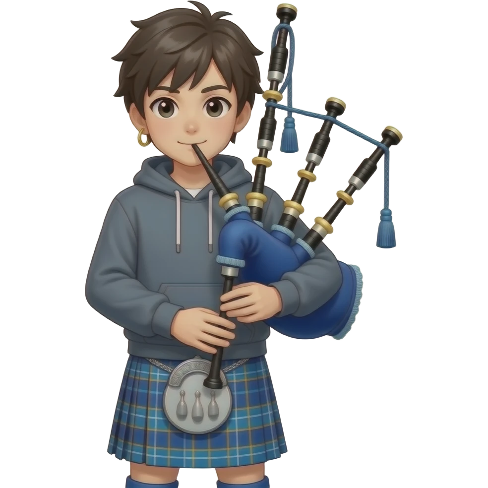 anime boy with blue kilt and hoodie MaxOnRails and earring and bagpipes emoji
