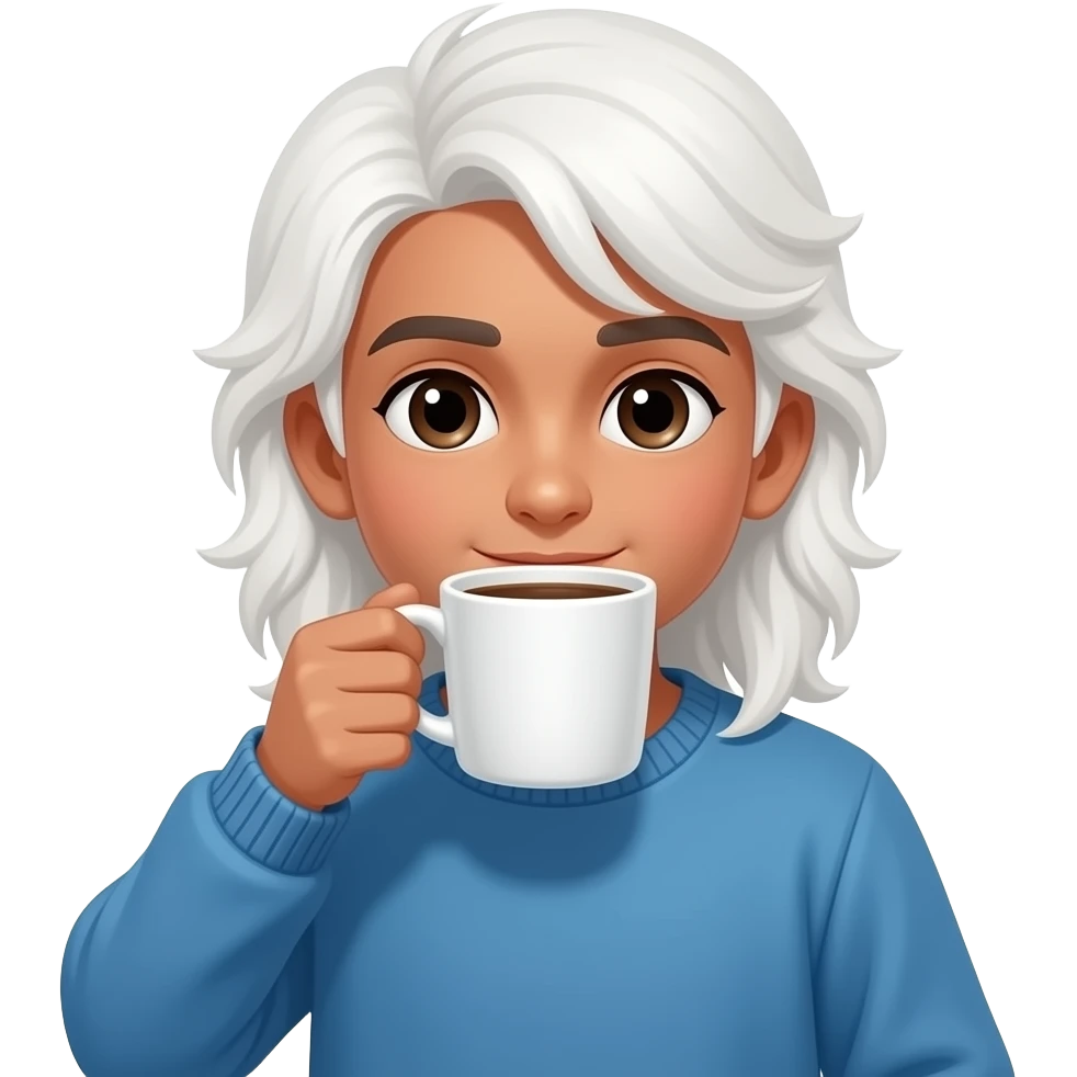 Tan Pakistani boy with long white hair drinking coffee, wearing blue sweater, no facial hair - bare face emoji