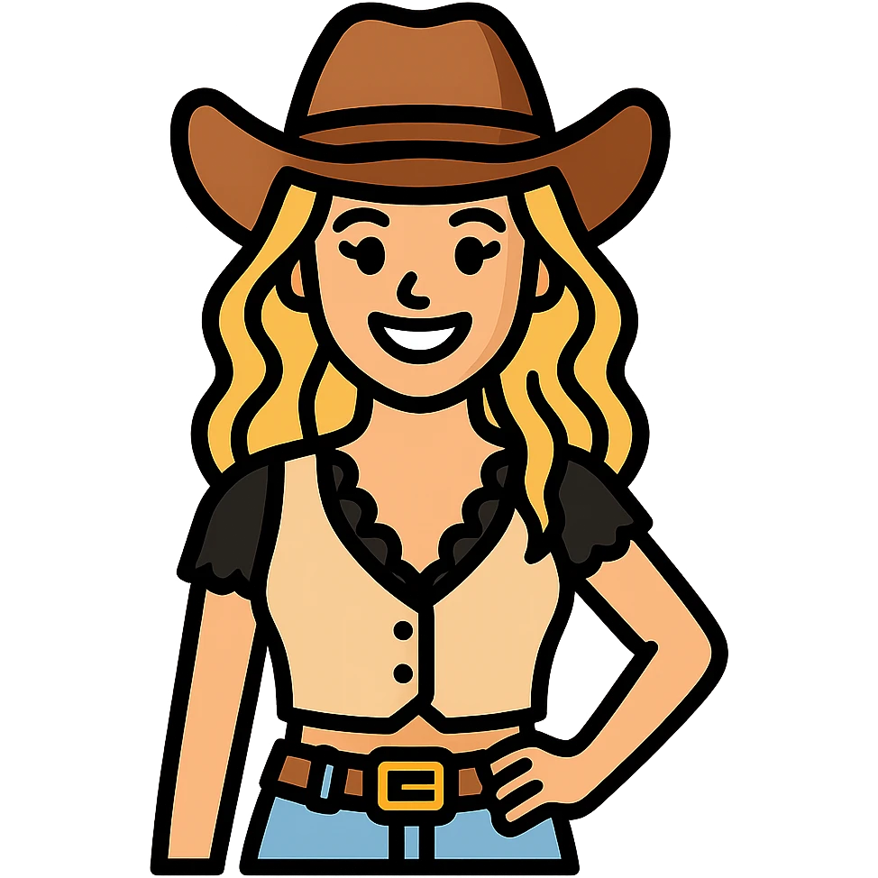 Make the cowgirl's skin lighter, hair lighter blonde, give her rounder cheeks, a big smile, longer eyelashes, and a black lace shirt. Keep the background transparent. emoji