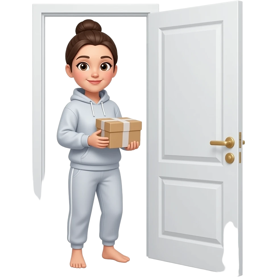 pretty woman in a sweatshirt, sweat pants and a bun opening a door to pick up her package emoji