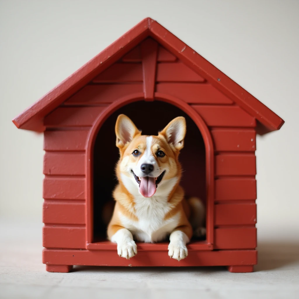 realistic red dog house with a Corgi dog inside, Corgi with tongue out, photorealistic style emoji