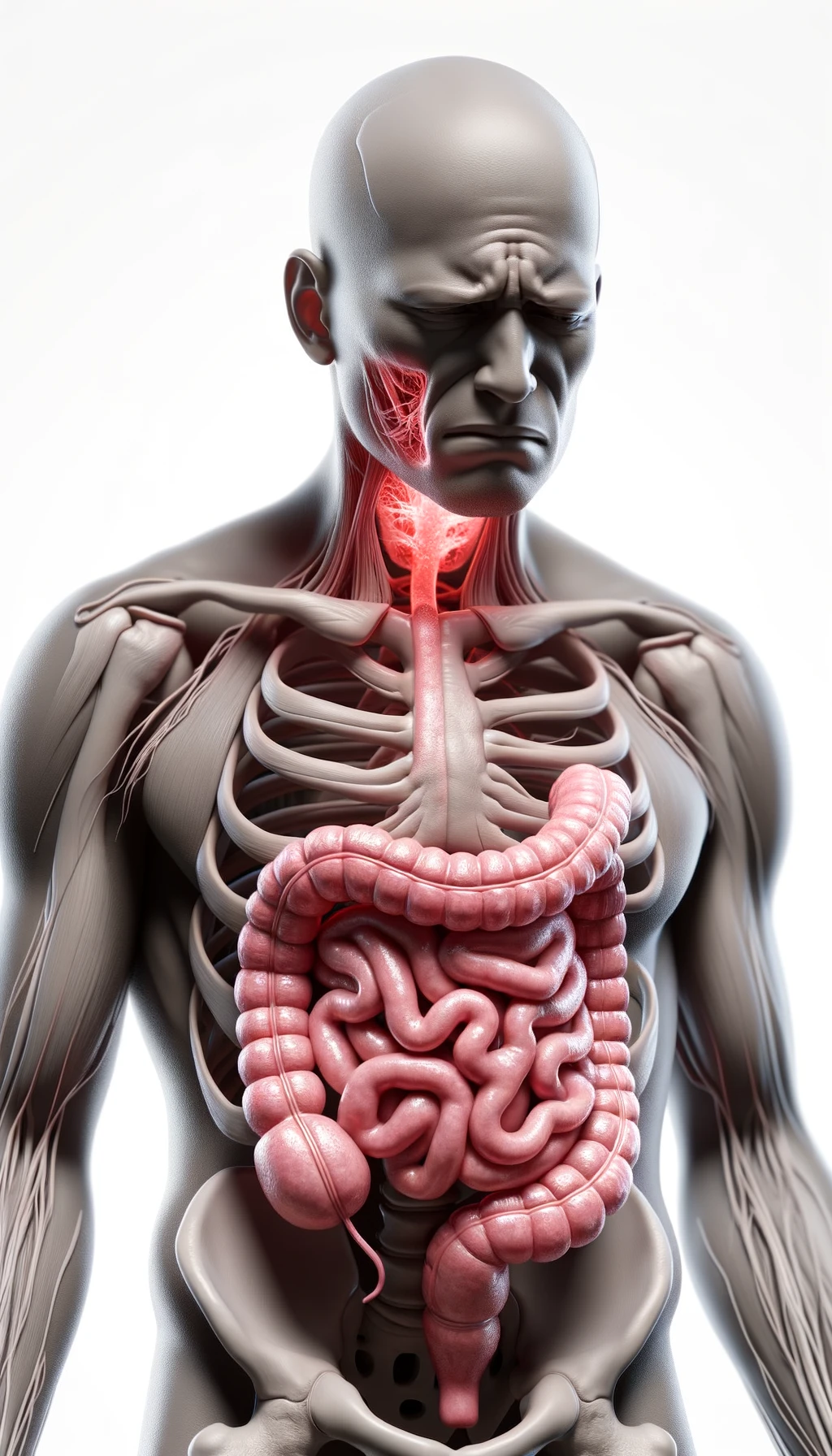 corpo umano anatomico realistico con intestino infiammato, espressione di dolore in volto, iperrealistico 4k, isolato su sfondo bianco emoji