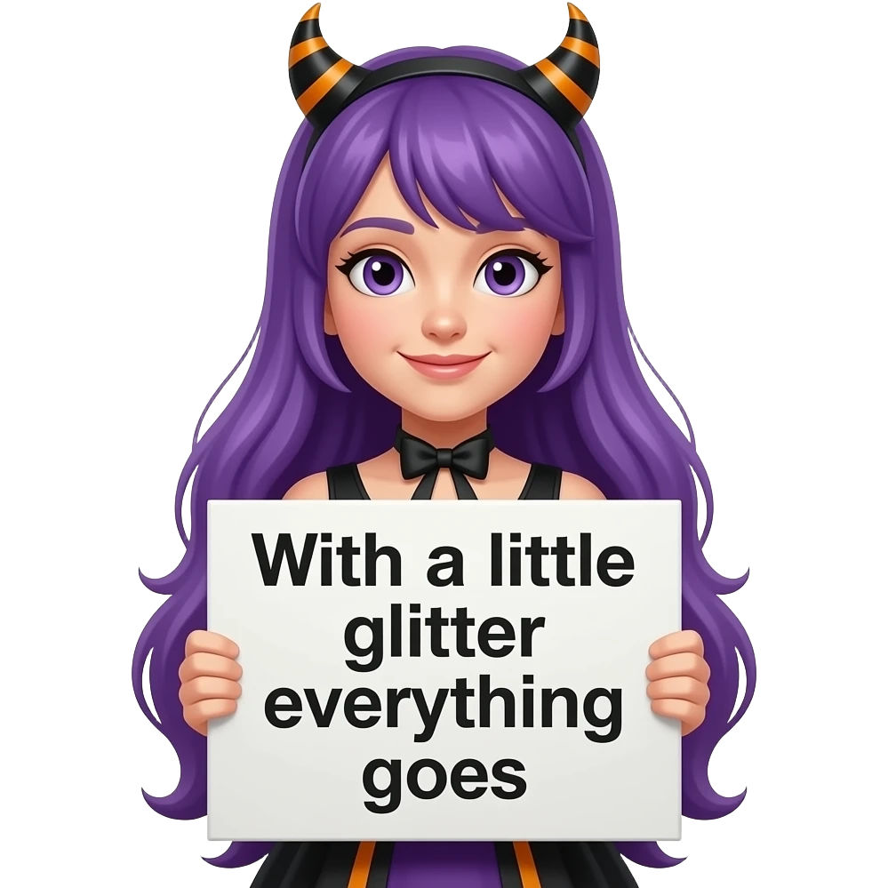 girl with long purple hair wearing a halloween costume holding a Mit ein BISSCHEN GLITZER GEHT ALLES sign emoji