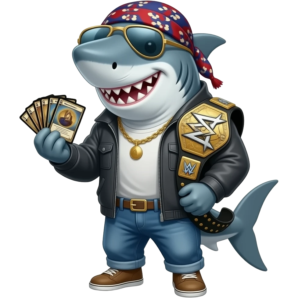 A shark with sunglasses and a durag holding a hand of Magic: The Gathering cards, and a wrestling championship belt over his shoulder emoji