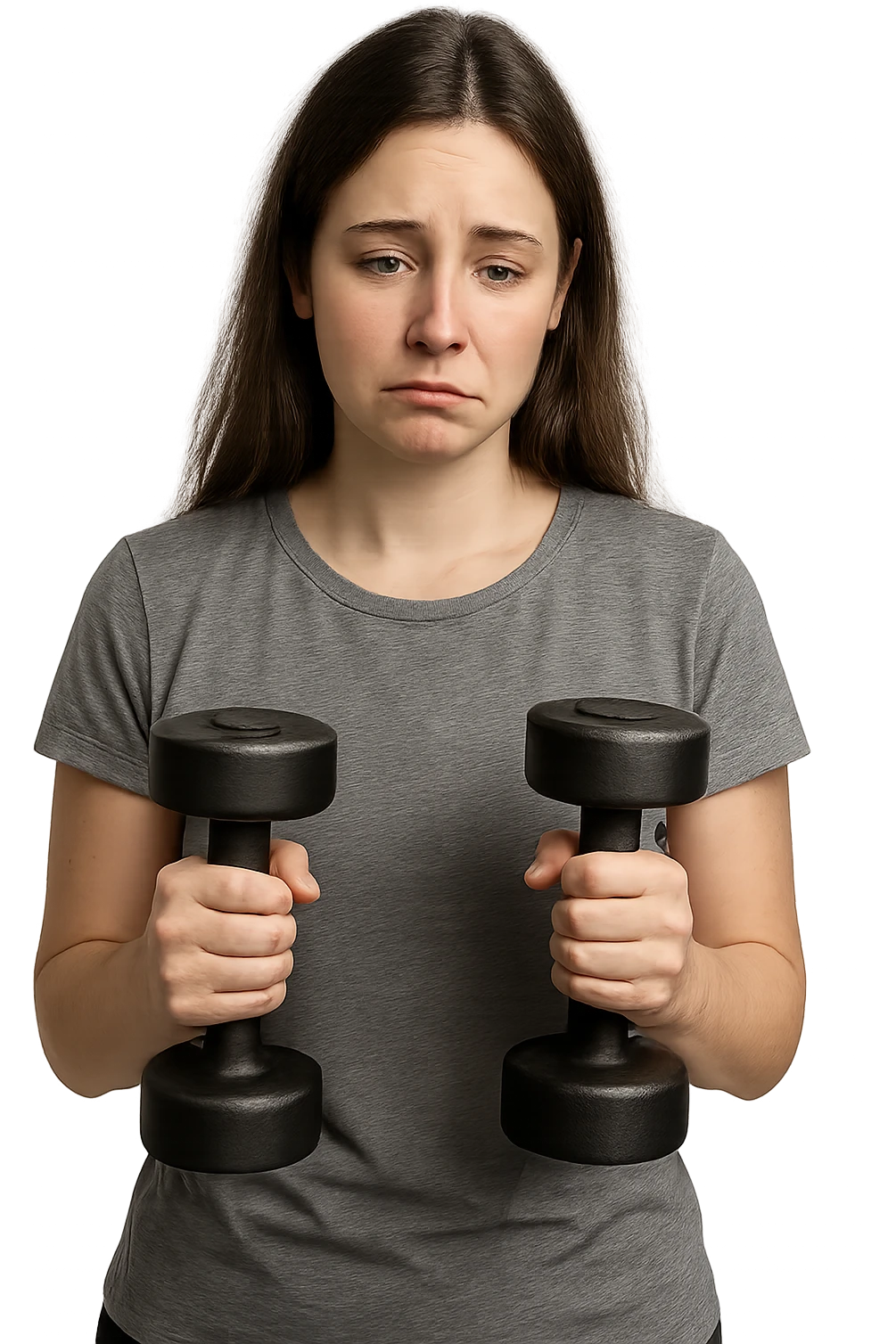 DONNA FITNESS CON MANUBRI DA PALESTRA IN MANO ED ESPRESSIONE TRISTE emoji