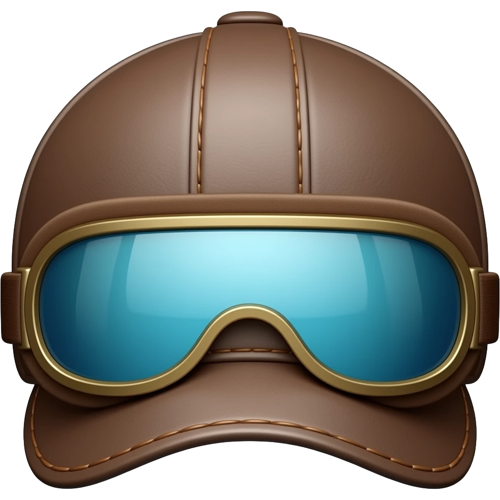 Classy brown leather aviator cap with blue-lens goggles, simple form, glossy. emoji