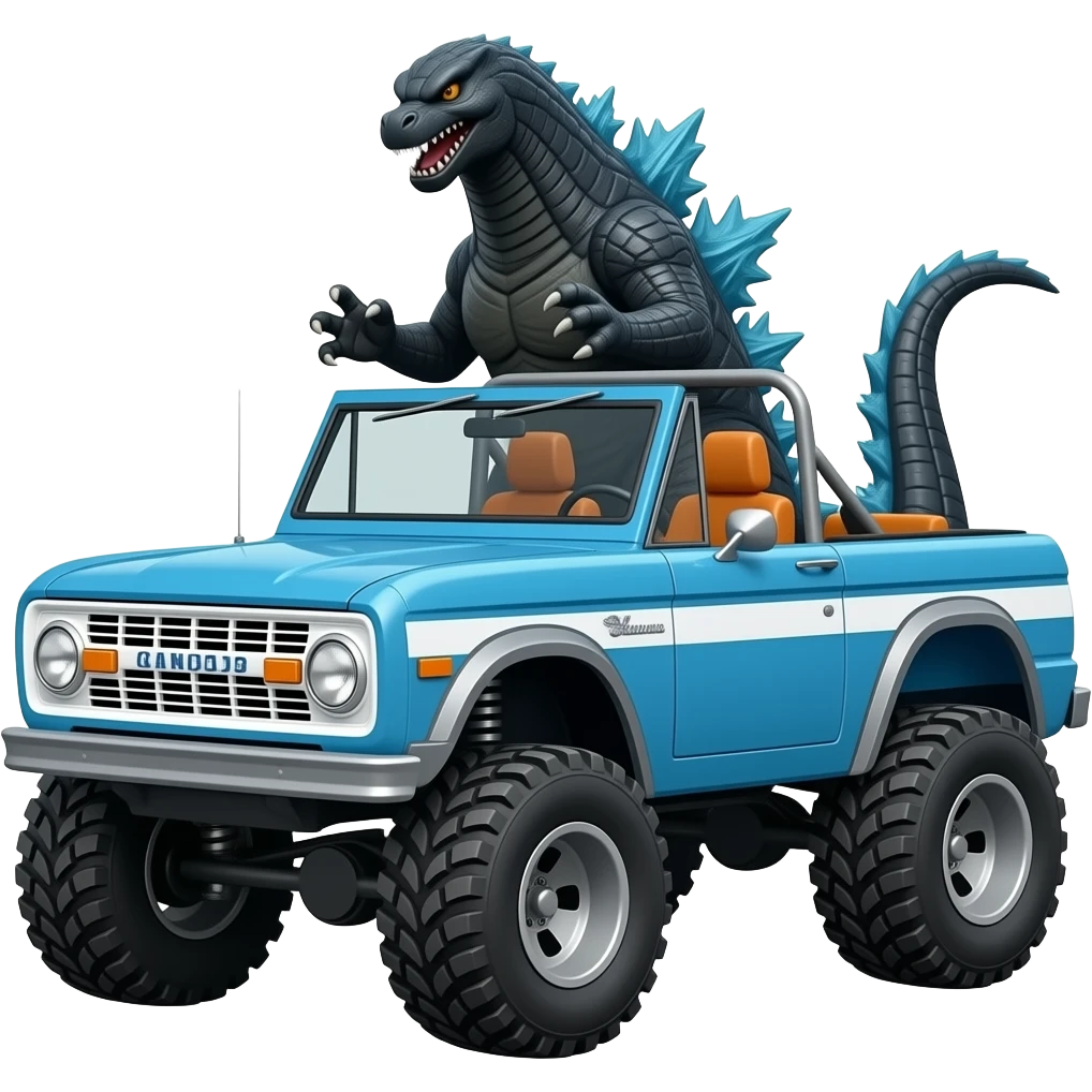Godzilla behind 1967 ford bronco with two tone paint: blue on hood, blue with white stripe on sides, and orange interior. Convertible with no top but with full roll cage. Exaggerated lift and oversized 4x4 tires. emoji