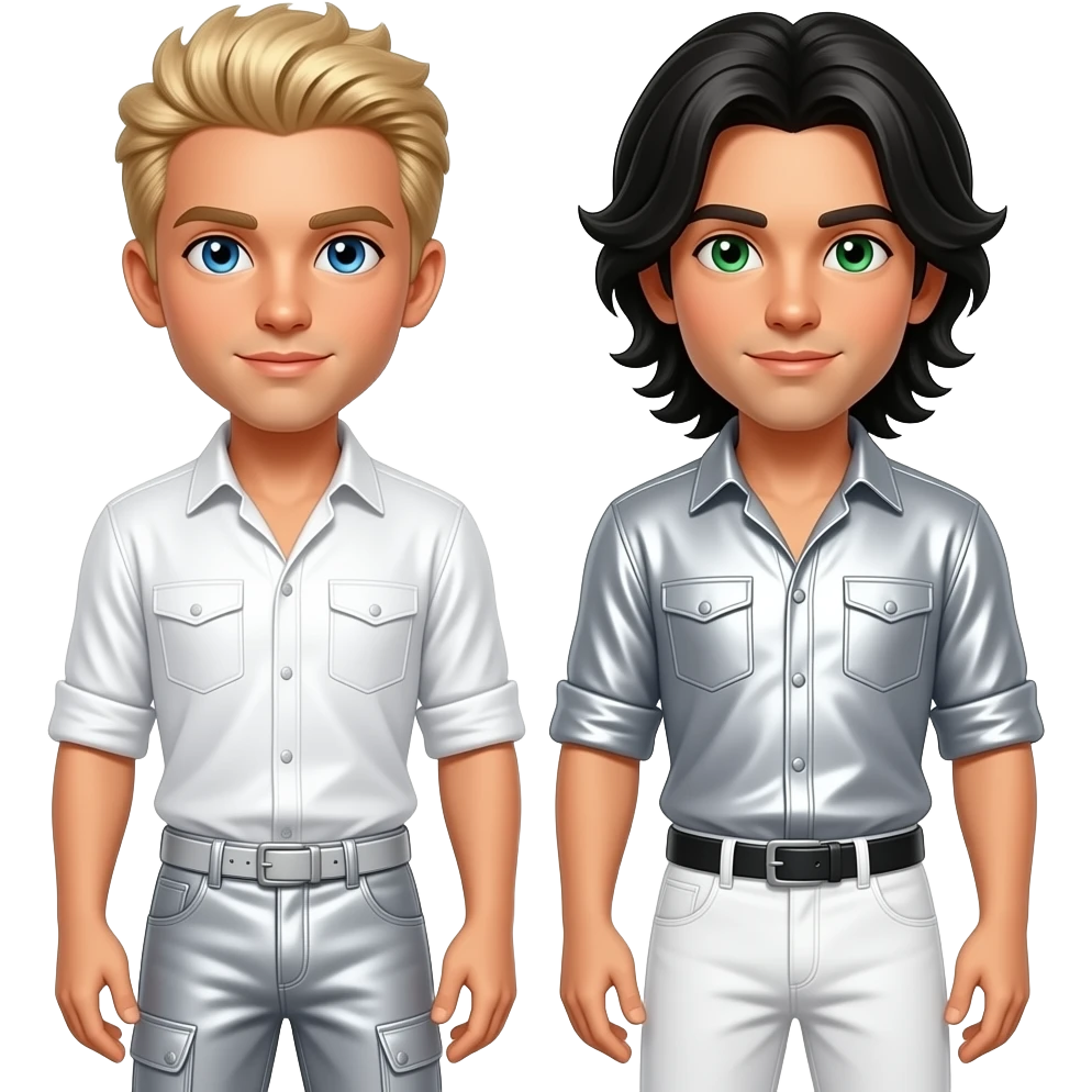 Backstreet Boys with Nick with blue eyes, blonde hair, white metallic shirt and baggy pants, Kevin with green eyes, long black hair, white metallic shirt and baggy pants emoji