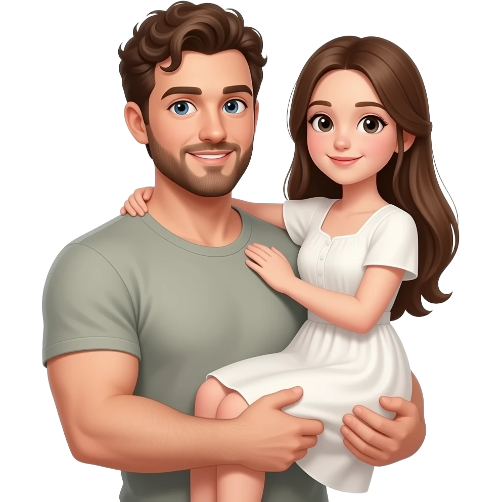 Realistic white skin brown short curly hair with beard muscular man carrying white skin long straight brown hair girl wearing aesthetic dress HD emoji