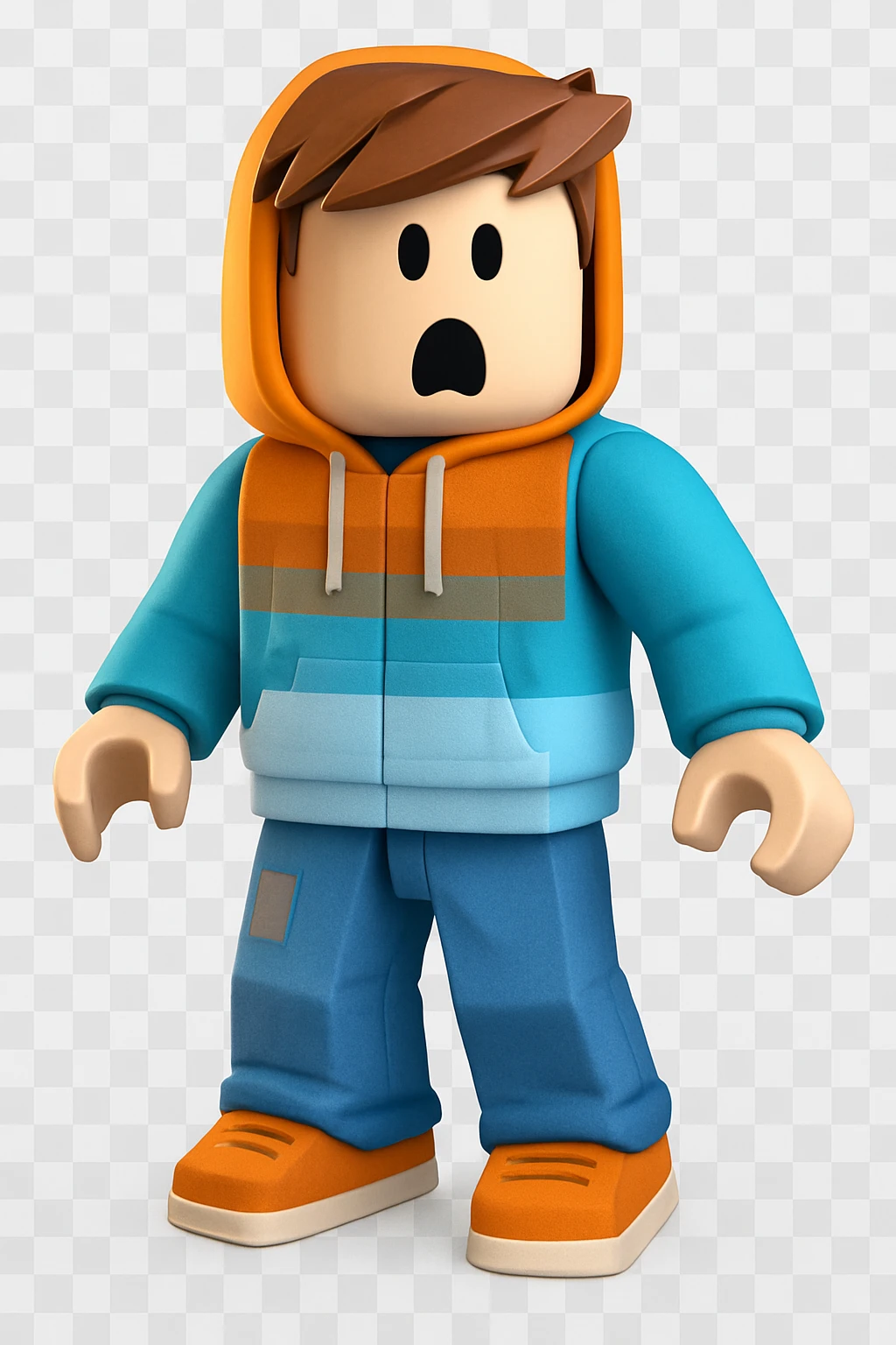 Edit the character in the original Roblox style with a surprised expression, keeping the original Roblox style and background. emoji