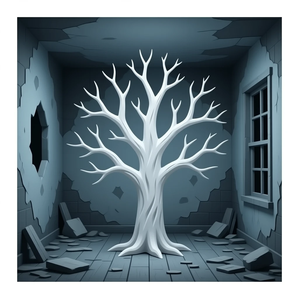 3d - white bare haunted tree grows from a dilapidated room. emoji