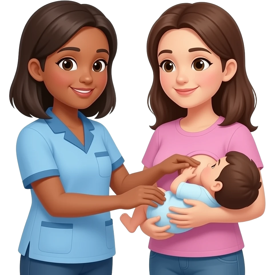 consejera de lactancia vestida con un  ambo ayudando a otra mujer a amamantar emoji