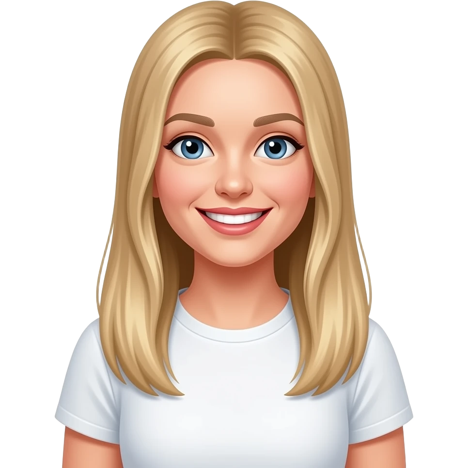 bella ragazza russa bionda capelli lisci lunghi e occhi chiari, con maglietta bianca con espressione molto contenta emoji