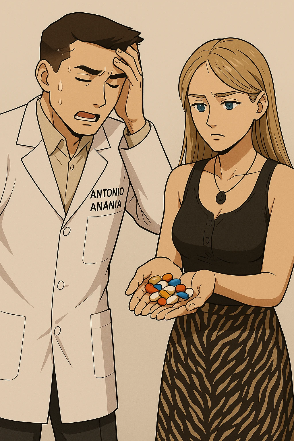 fai un webtoon/manga a colori con questo kinesiologo in camice bianco (fagli la scritta "ANTONIO ANANIA" SUL CAMICE) CHE PARLA CON QUESTA RAGAZZA CON GLI OCCHI AZZURRI. LA RAGAZZA HA UN PUGNO DI INTEGRATORI IN MANO (TANTE PILLOLE DIVERSE) E LE GUARDA DUBBIOSA. IL KINESIOLOGO CON IL CAMICE BIANCO SI TIENE UNA MANO SULLA FRONTE SCONFORTATO MENTRE LE DICE CHE STA SBAGLIANDO A PRENDERE TUTTI QUEGLI INTEGRATORI. NON FARE I FUMETTI, FAI SOLO LORO COME SE DIALOGASSERO emoji