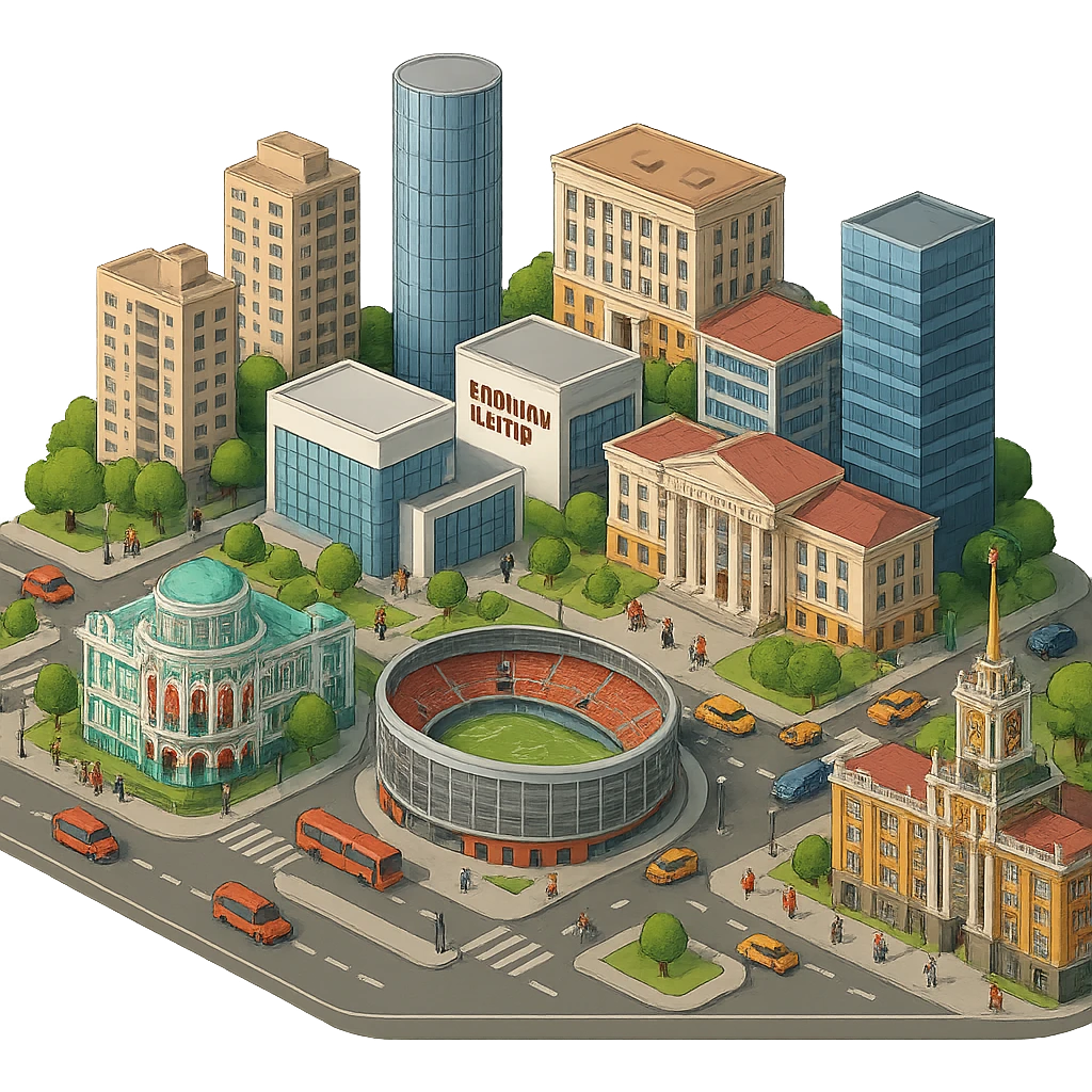 Изометричная миниатюрная фотореалистичная 3D модель Екатеринбурга - Дом Севастьянова, Ельцин-центр, Уральский федеральный университет, дома, Екатеринбург Арена, Штаб-квартира Русской медной компании, Здание Свердловского городского совета народных депутатов, четкие линии, яркие цвета, мультяшный реализм, люди, автотранспорт, компактная композиция, вид сверху в изометрии, прозрачный фон emoji