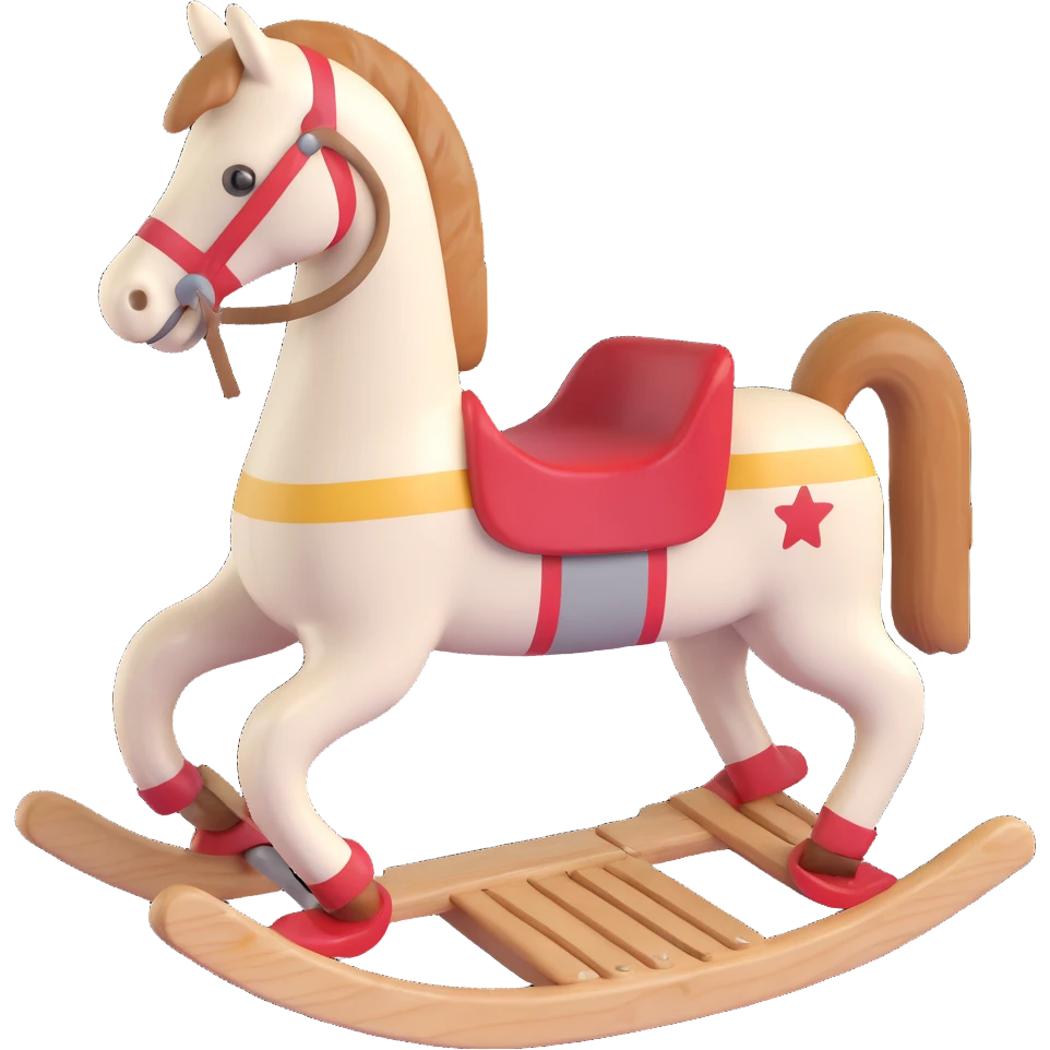 rocking horse, 3D, antique, medium wood, worn paint, classic, no text emoji