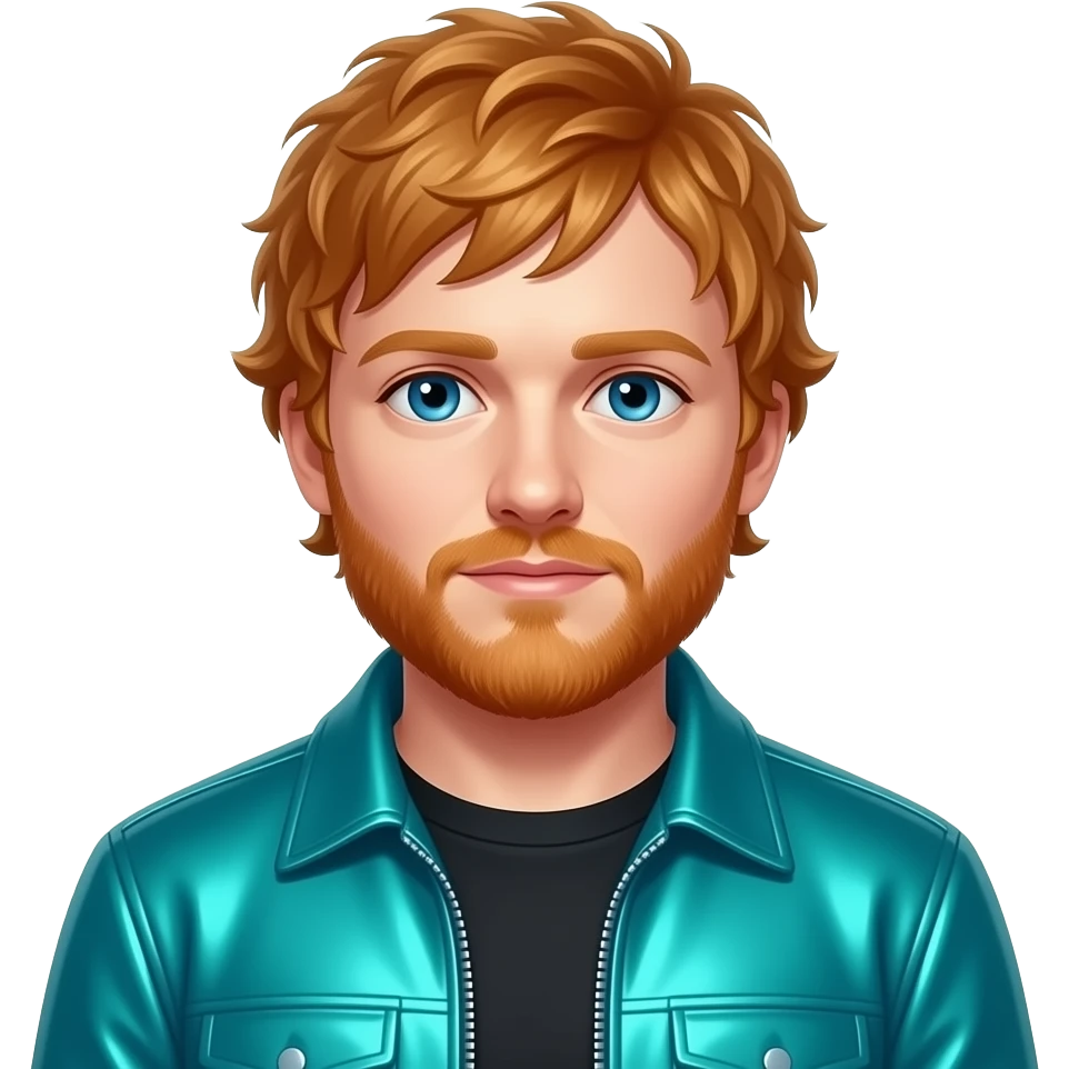 Ed Sheeran with blue eyes, ginger hair, teal metallic pop tour outfit emoji
