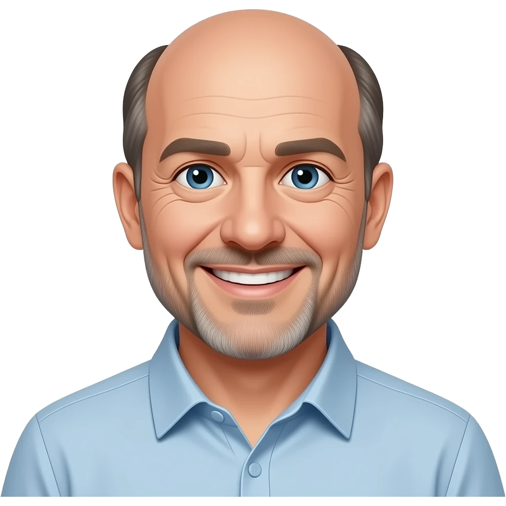 man in 50s bald on top, hair on sides, no facial hair, blue eyes, smiling emoji