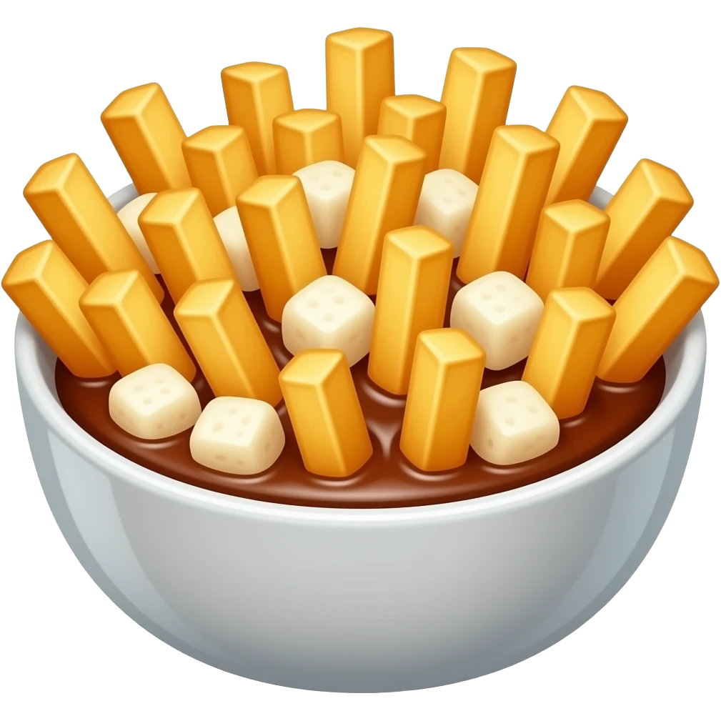 French fries in a bowl mixed with white cheese curds with brown sauce under emoji