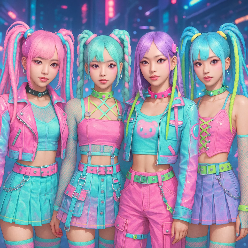 Blackpink in pastel cyber goth style, neon and pastel mix, futuristic and cute emoji