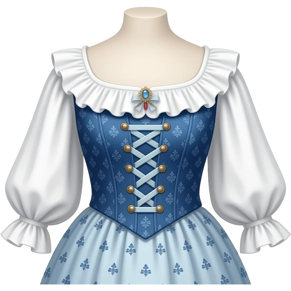 dress southern belle style colonial style white ruffled top with small brooch with blue patterned skirt emoji