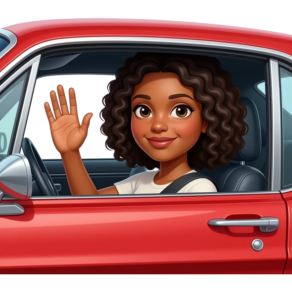 Girl with white skin and black curly hair driving a red Ford Mustang 1968 coupe and waving through the window. emoji