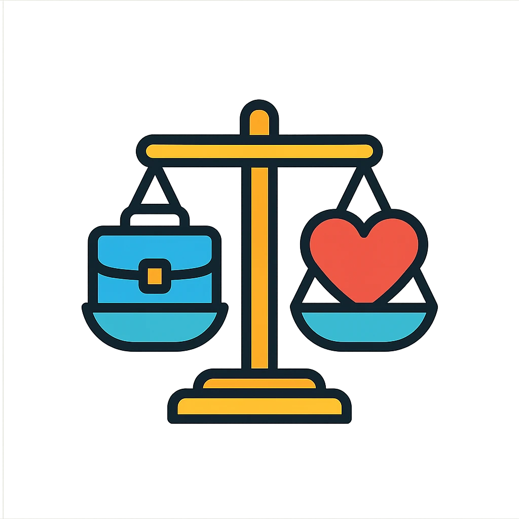 clean modern icon style of a scale balancing a briefcase and a heart symbolizing work-life balance emoji