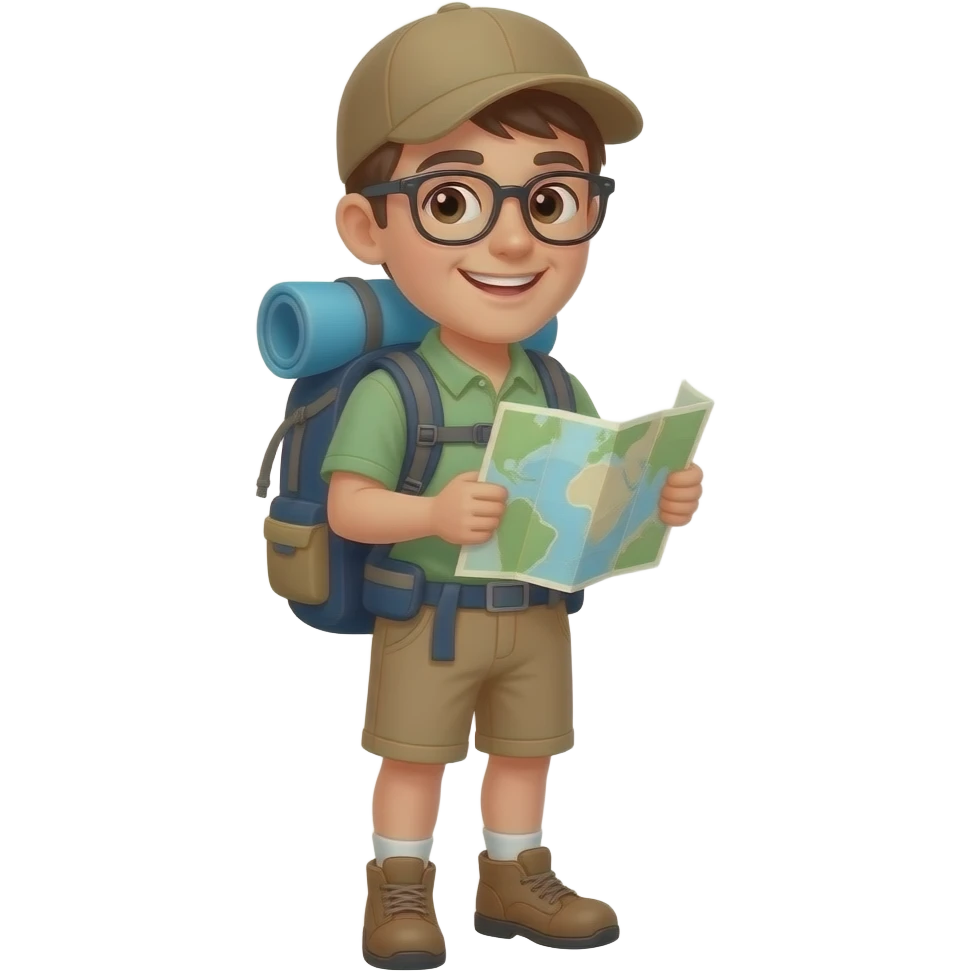 Smiling travel guide with backpack, cap, holding a map, hiking outfit, happy, Apple emoji style emoji