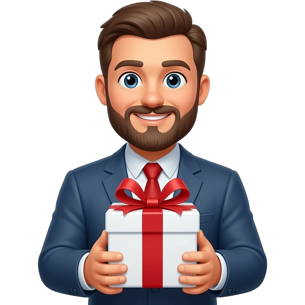 white gift box with happy man with beard emoji