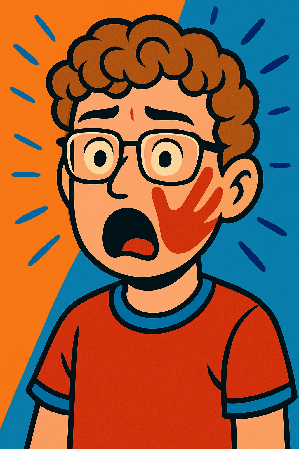 Make the boy look more like the reference photo with curly light brown hair, glasses, fair skin, and similar facial features in a vibrant toon style. Depict a shocked expression with a slap mark on his face. emoji