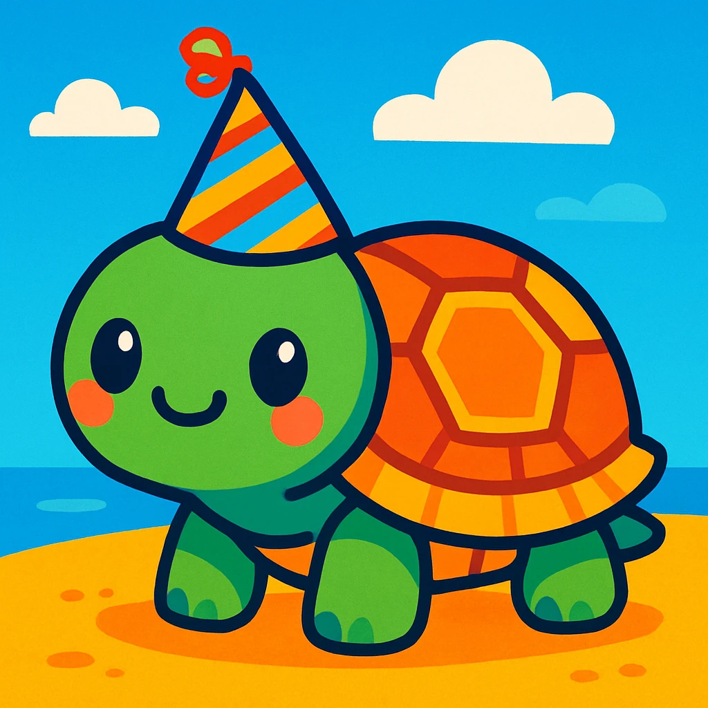 cute turtle on sand with a party hat, cartoon style, bright and colorful emoji