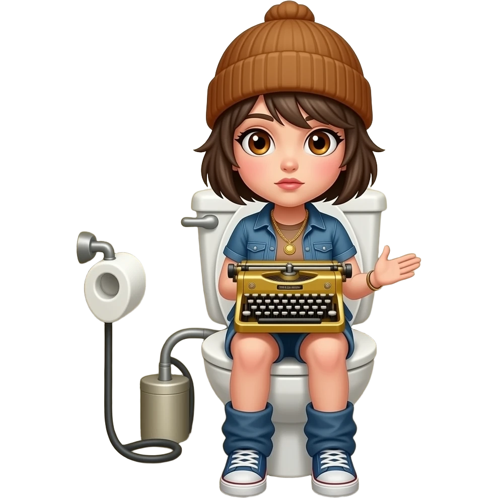 Turbo the sentient toilet sits in an old tiled roo.. Inside it's body is a tomgirl with short boyish hair, a beanie, and brown eyes rapping and wearing a golden stenography machine as a necklace. On her paper are the lyrics: "But I doubt I roll lyrics as I have to girls!!"
 emoji