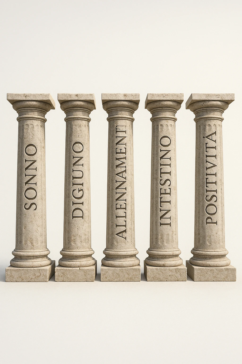 5 pilastri con le scritte "SONNO", "DIGIUNO", "ALLENAMENTO", "INTESTINO", "POSITIVITà" IMMAGINE IPERREALISTICA SFONDO CHIARO IN ITALIANO emoji