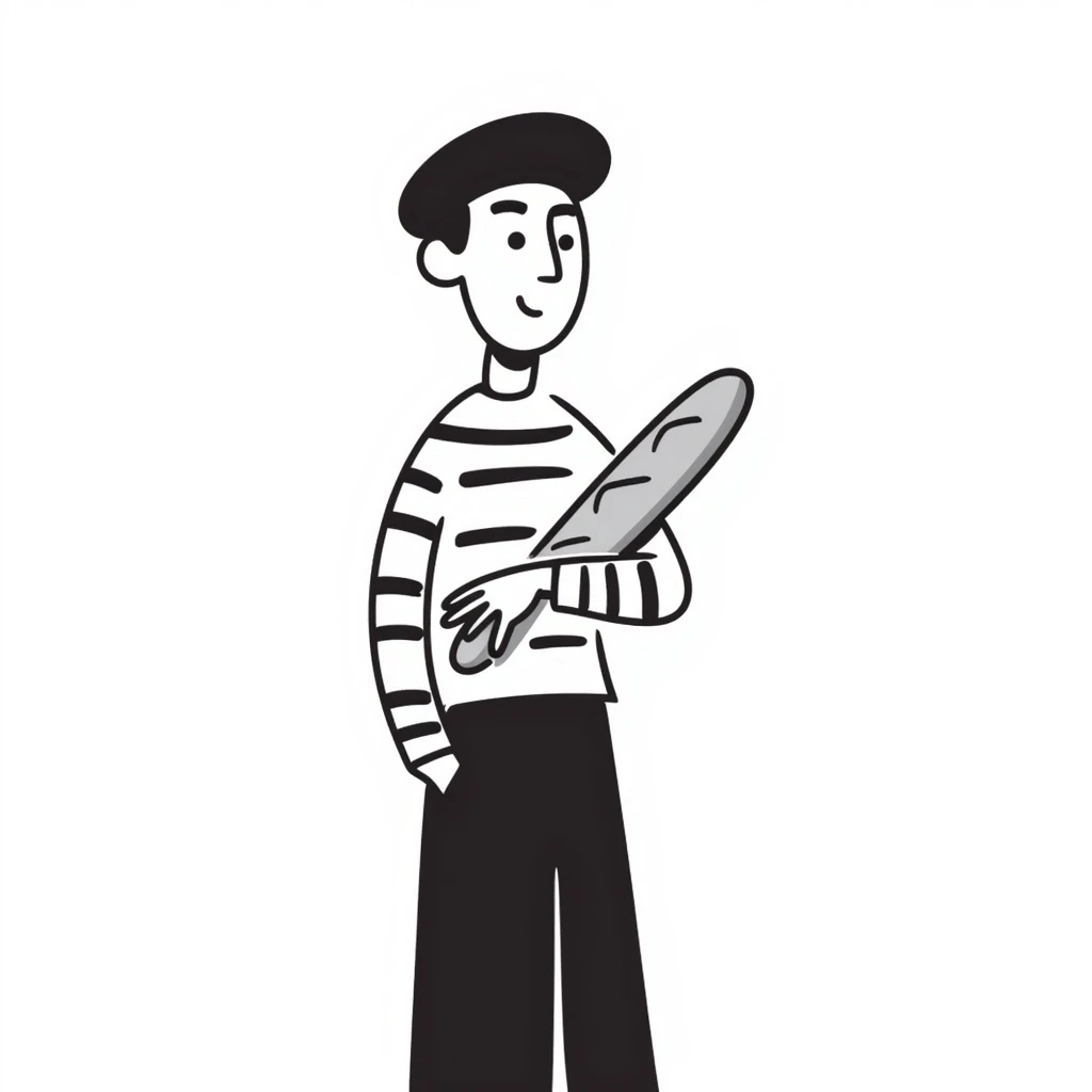 A Frenchman with a beret, holding a baguette under his elbow, wearing a black and white striped shirt, hand-drawn doodle style. emoji