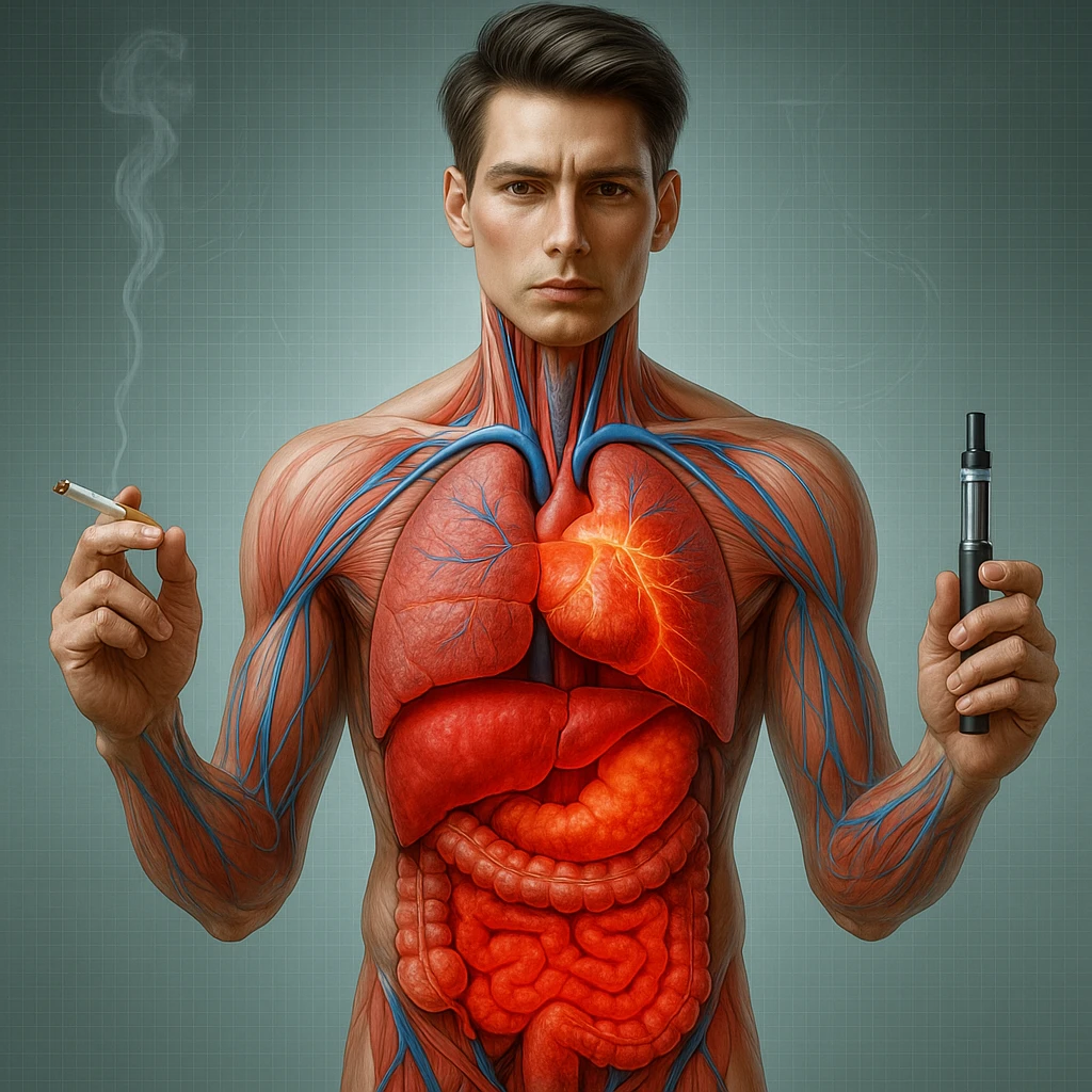 Medical illustration, hyperrealistic 4K, exactly matching the style of the provided reference image: realistic anatomical human body, inflamed liver and intestine highlighted, holding a lit normal cigarette in the right hand and an electronic cigarette in the left hand, clear background, extremely detailed, same lighting and style as reference. emoji