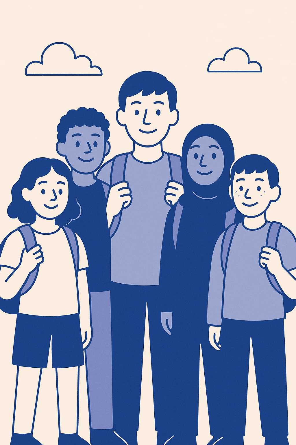 group of 5 diverse school students standing together smiling wearing backpacks flat illustration style emoji
