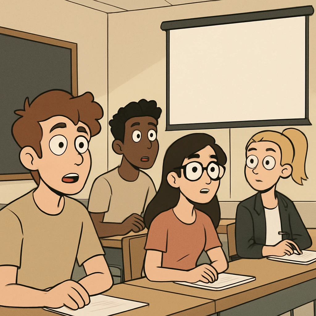 four young adults, mixed gender, focused on a presentation, classroom setting, flat design style, soft colors, minimalist background emoji