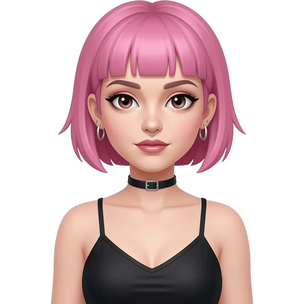 Full body goth style woman with short buzzcut pink hair full body, earrings, nose ring. Wearing a spaghetti straps halter top emoji