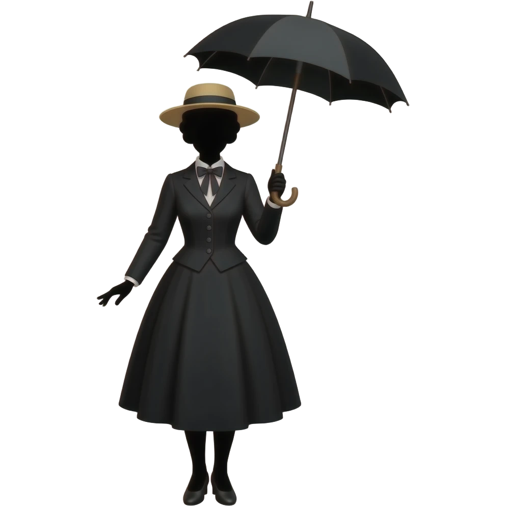 black silhouette mary poppins style female in straw boater hat, old victorian dress holding umbrella up high above head and feet pointing out forwards emoji