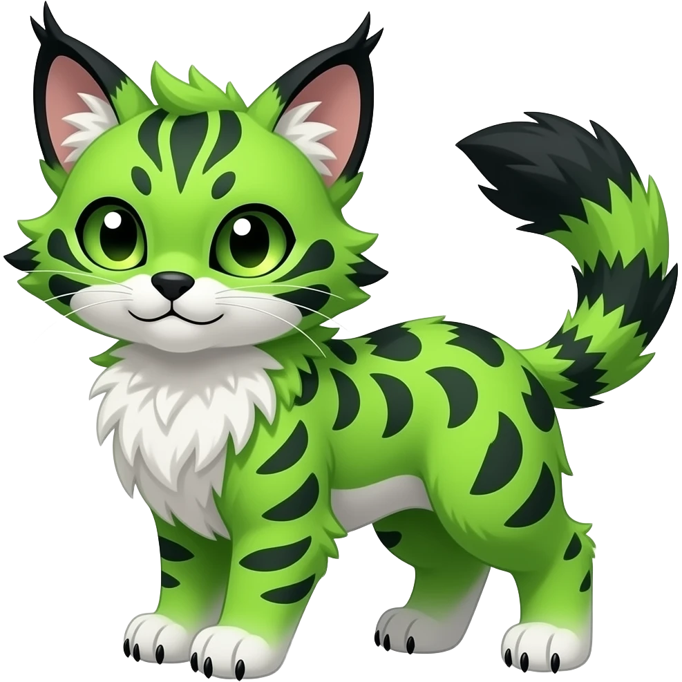 Cute kawaii cool edgy badass neon-green fur with obsidian-onyx-black points and snowy-white belly fantasy-caracal-civet-genet-sergal-vernid-Gryphon-Cacomistle-Trico-oncilla-animal-Fakémon-hybrid-fursona (full body), facial markings, (realism style) emoji