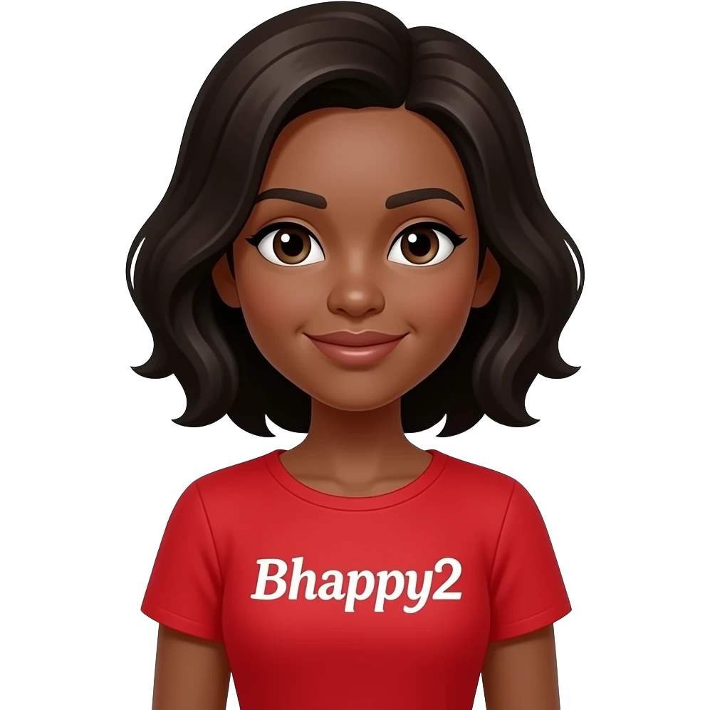 Add the caption Bhappy2 a brown Betty boo female emoji image in a red dress with the words Bhappy2 on a red dress emoji