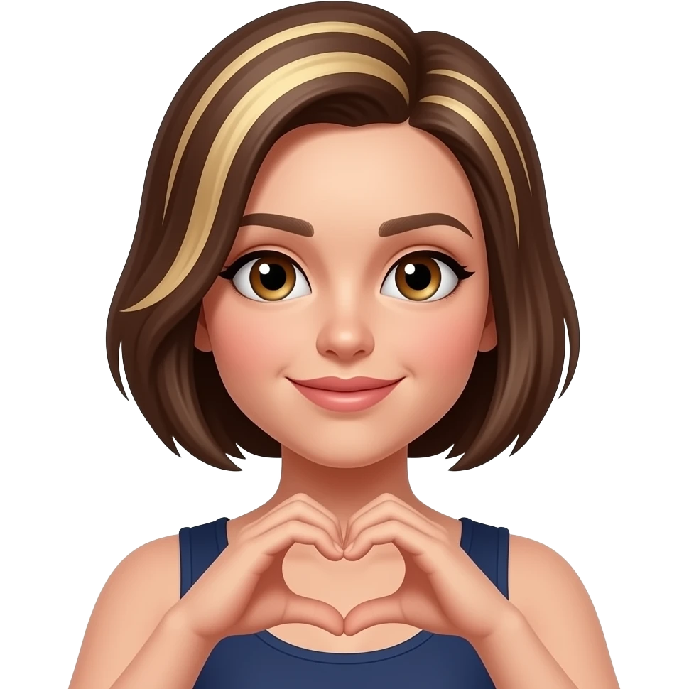 Diva with short brown hair with blonde streaks hair. Hazel eyes. Making heart symbol with her hands emoji