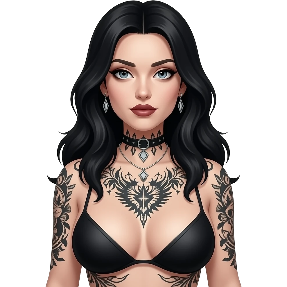 Flirty, black hair, goth tattoos, big topless boobs, pail skin emoji