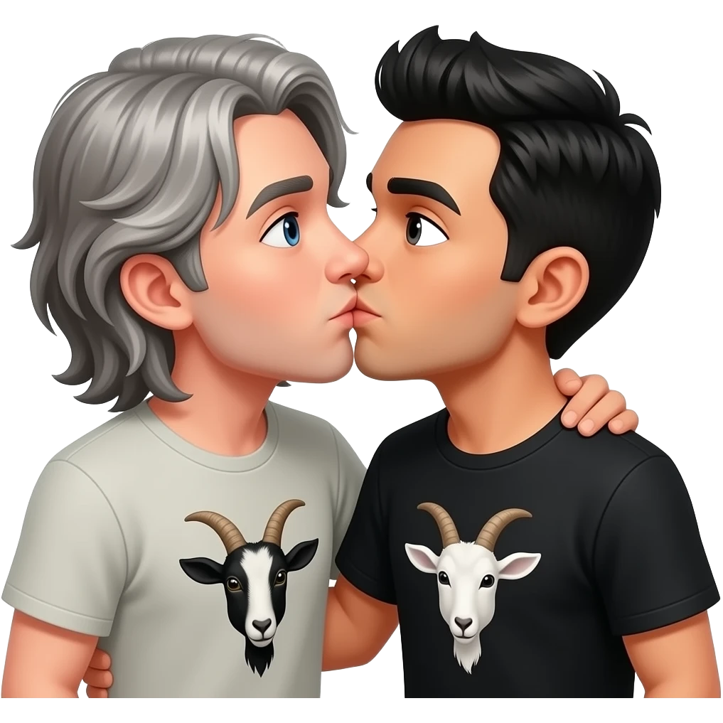 Two guys kissing passionately, one with a goat tee medium growth and gray hair and the other guy black hair with a black goat tee emoji