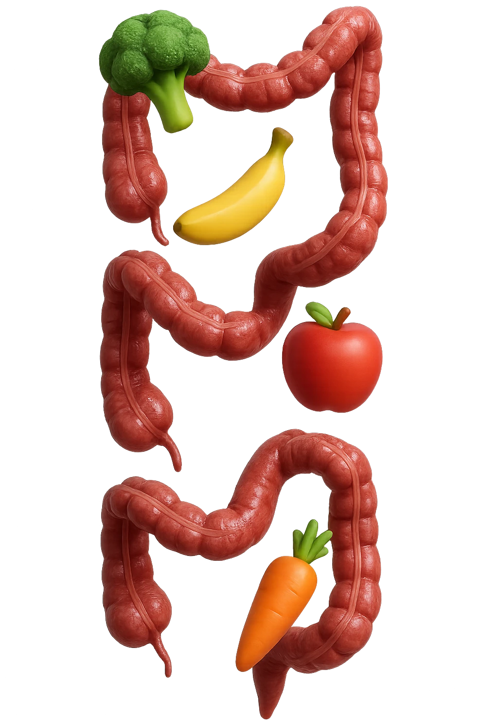 emoji stile iphone in 3d di cibo sano che fluttua in aria vericalmente insieme a pezzi di colon umano anatomico, iperrealistico 4k emoji