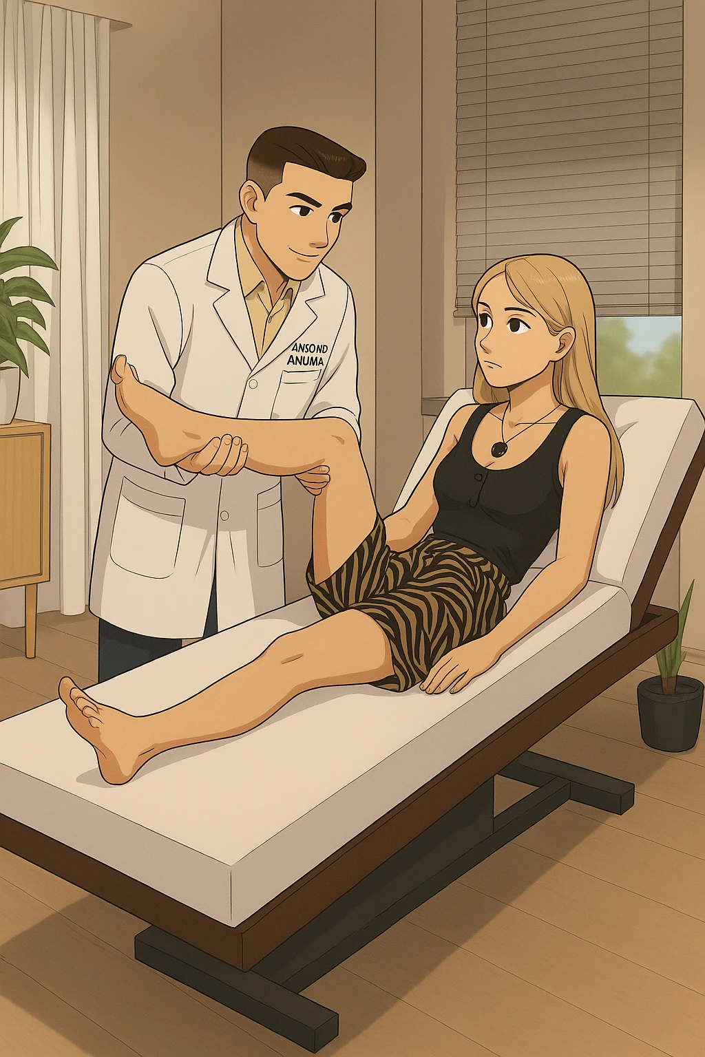 fai un webtoon/manga a colori con questo kinesiologo in camice bianco (fagli la scritta "ANTONIO ANANIA" SUL CAMICE) CHE SVOLGE UN TEST NEUROMUSCOLARE SOLLEVANDO UNA GAMBA ALLA RAGAZZA CHE è STESA SU UN LETTINO BIANCO. STANZA SEMPLICE E MODERNA, DURANTE IL TEST I DUE DIALOGANO TRA LORO. NON FARE I FUMETTI, FAI SOLO LORO COME SE DIALOGASSERO emoji