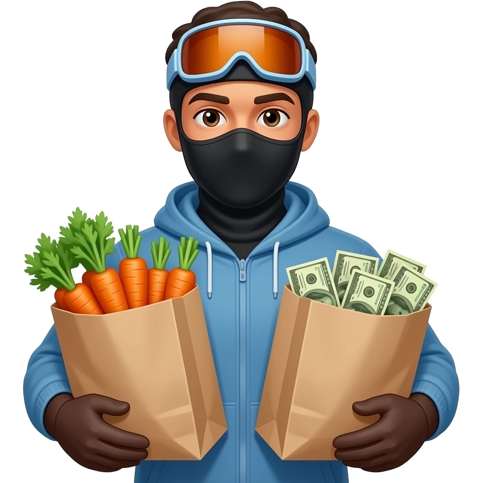Tan black young man holding grocery bags full of carrots and money wearing a black ski mask emoji