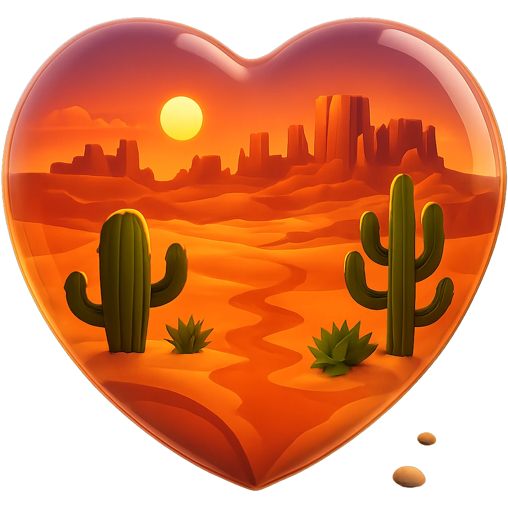 Add a sunset with warm colors inside the clear glass heart, with a glowing orange and pink sky above the desert scene. Preserve the glass look and no background. emoji