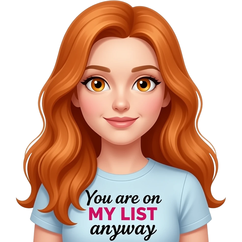 sexy girl with overlong ginger hair and ginger eyes a top with ... You are on MY LIST anyway written on it emoji