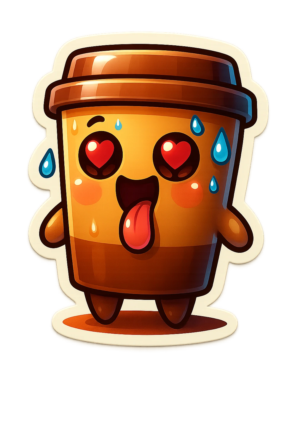 Tall coffee cup, sweating, mouth open, heart eyes, tongue on ground emoji